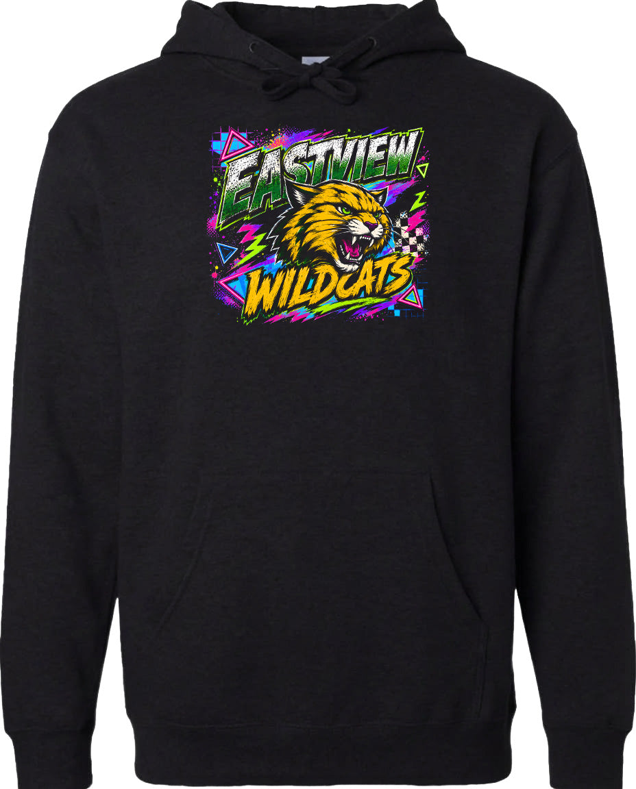A black hoodie with a graphic design featuring a cartoon-like wildcat's head and the text "EASTVIEW WILDCATS" in a colorful, retro-style font.