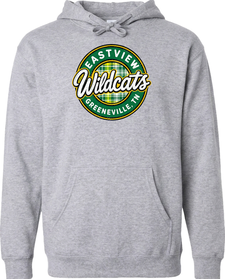 A gray hoodie with a circular logo that says "Eastview Wildcats Greeneville, TN".