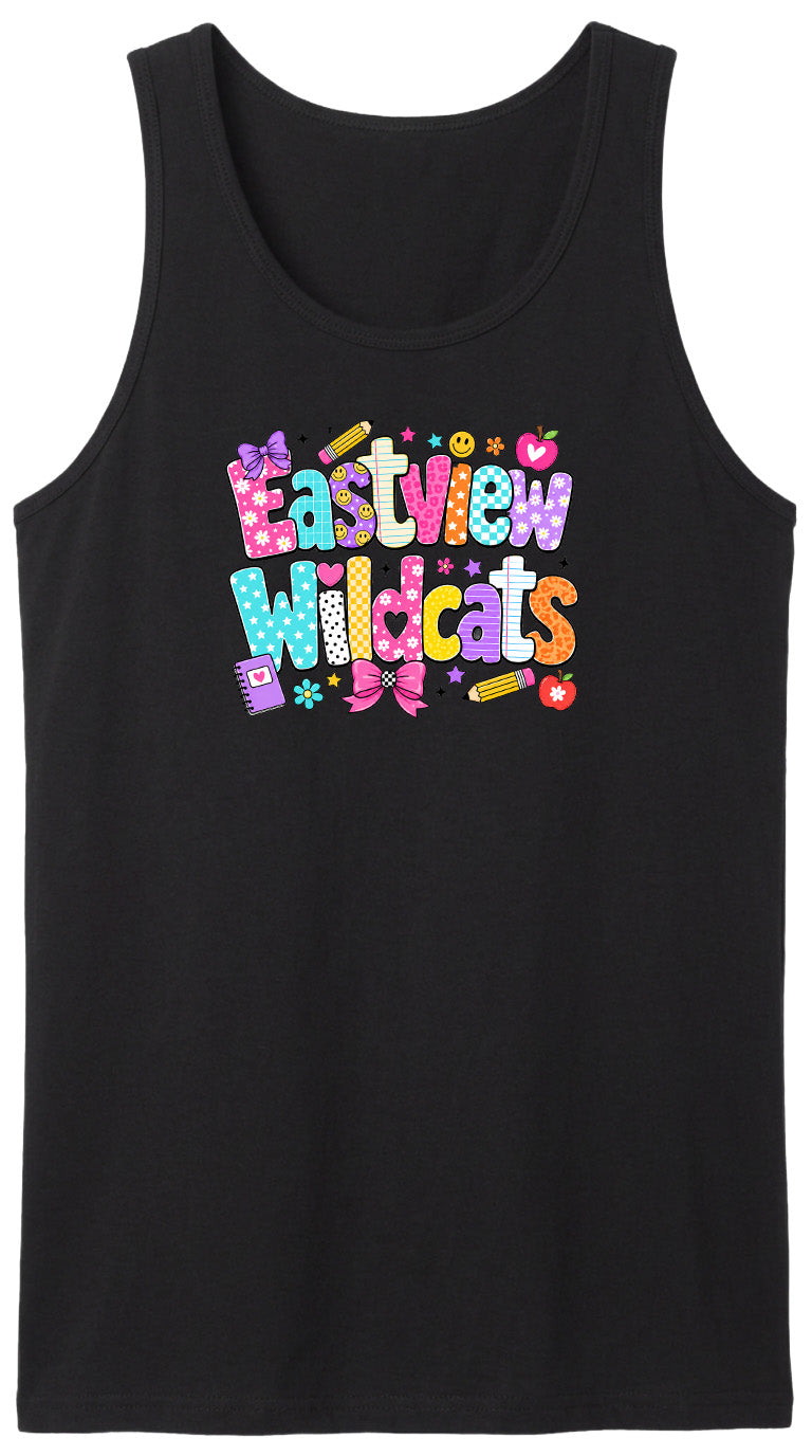 A black tank top with a colorful, playful design featuring the text "Eastview Wildcats" in a vibrant, cartoon-like style.