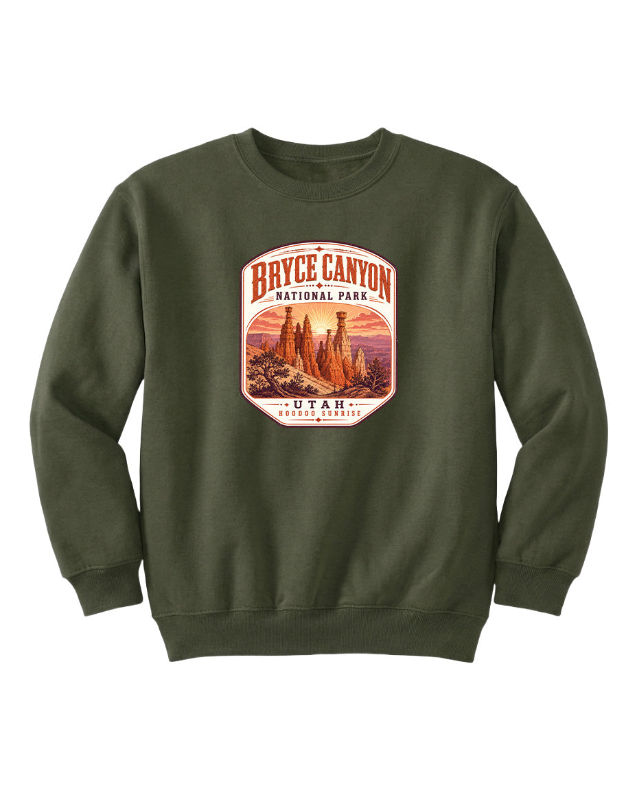 A green sweatshirt with a graphic design featuring the Bryce Canyon National Park logo.
