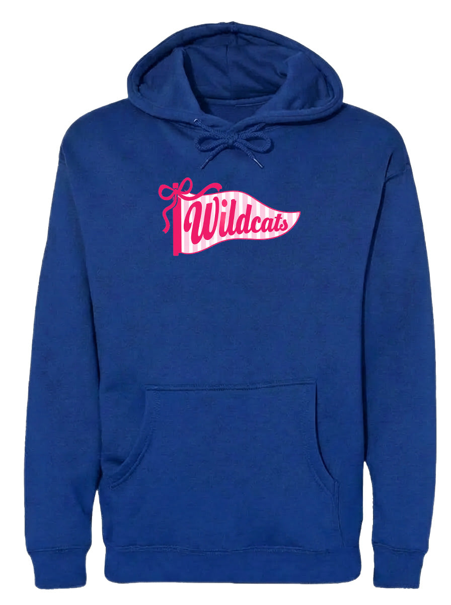 A navy blue hoodie with a pink and white banner that says "Wildcats" on it.