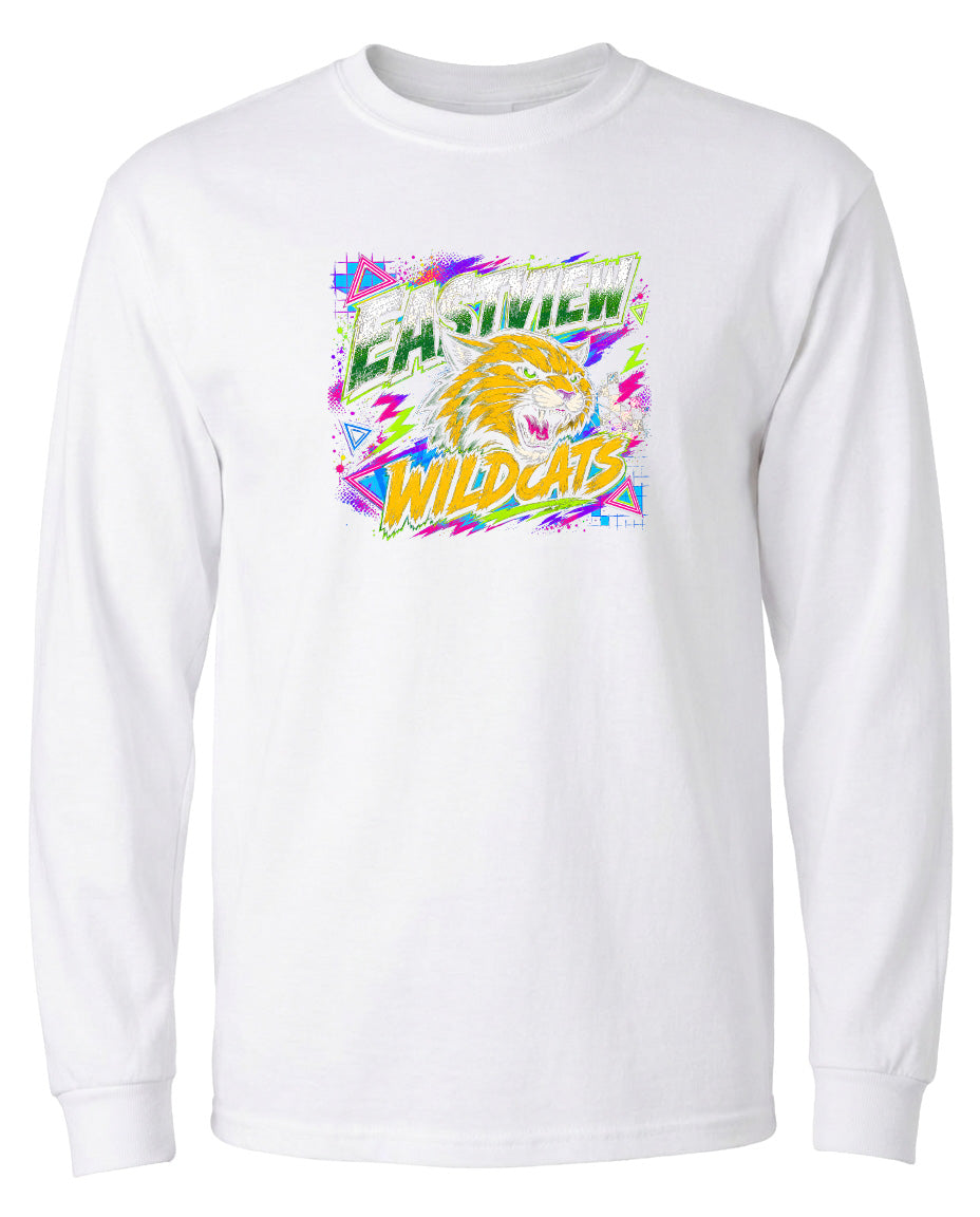 A white long-sleeved t-shirt with a graphic design featuring a tiger's head and the text "EASYVIEW WILDCATS" in a colorful, stylized font.