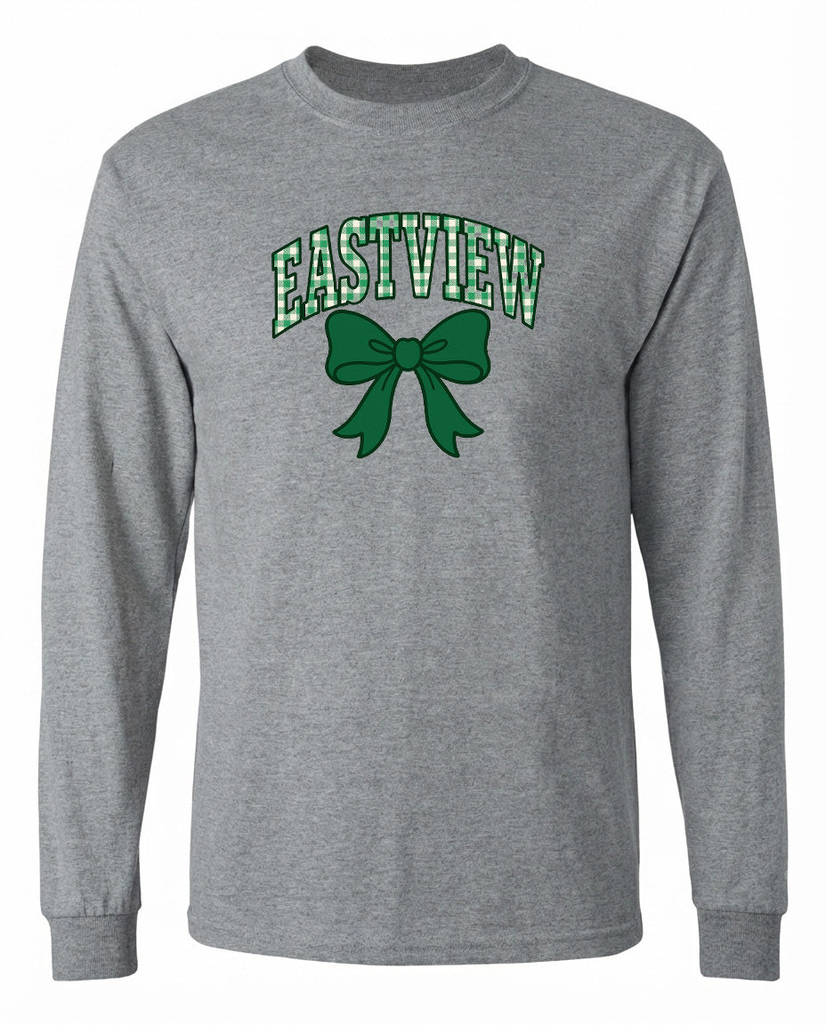 A gray long-sleeved t-shirt with a green bow and the text "EASTVIEW" printed on it.
