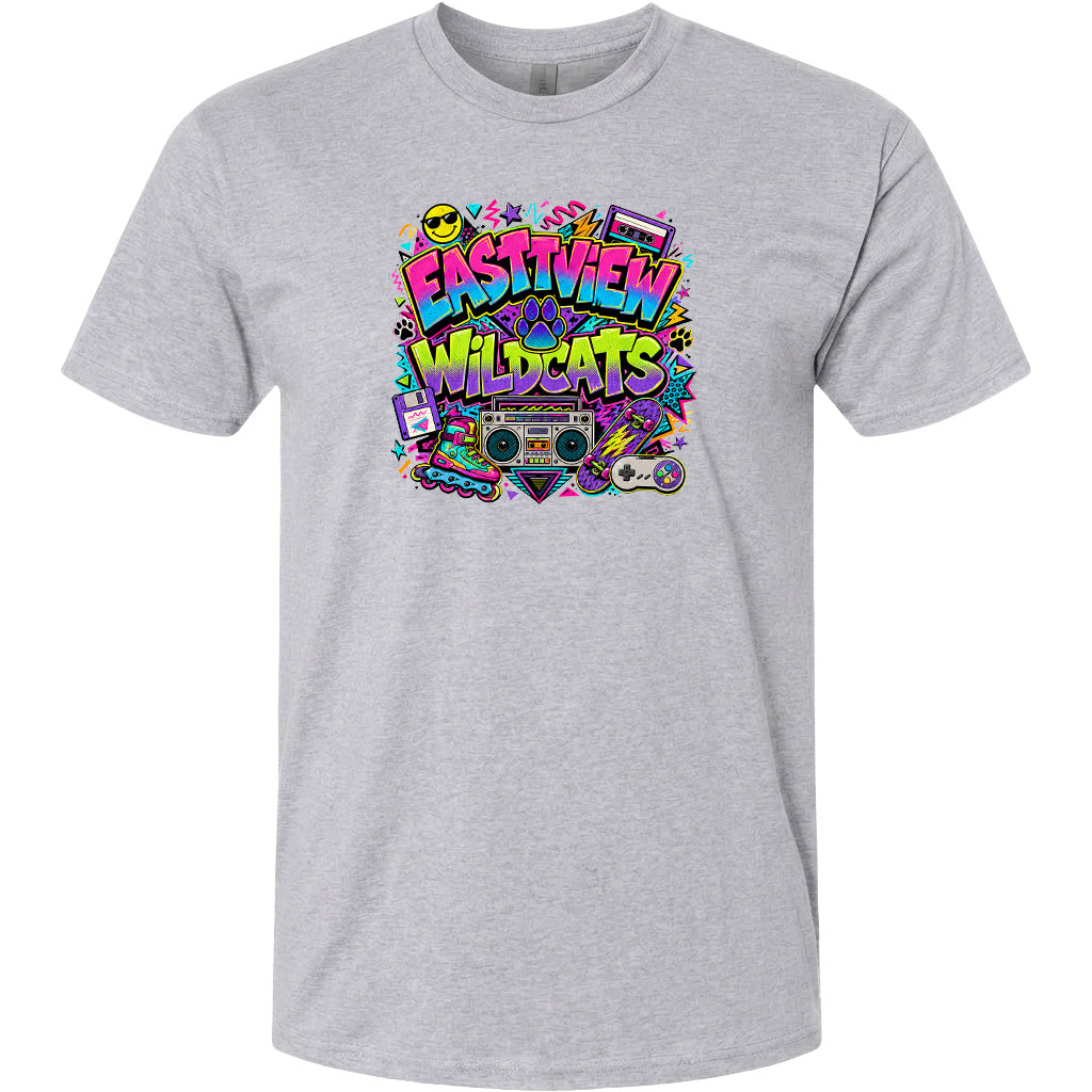 A gray t-shirt with a colorful graphic design featuring the text "EASTVIEW WILDCATS" surrounded by various icons and symbols, such as a boombox, sunglasses, and a skateboard.
