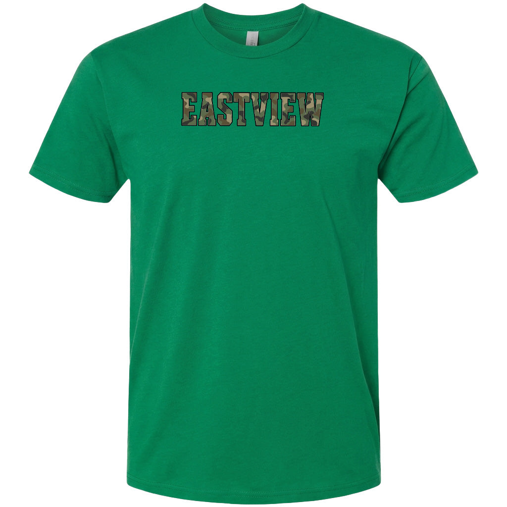 A green t-shirt with the word "EASTVIEW" printed on it.