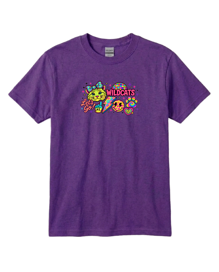 A purple t-shirt with a graphic design featuring a cat and the text "Wildcats" along with other colorful elements.