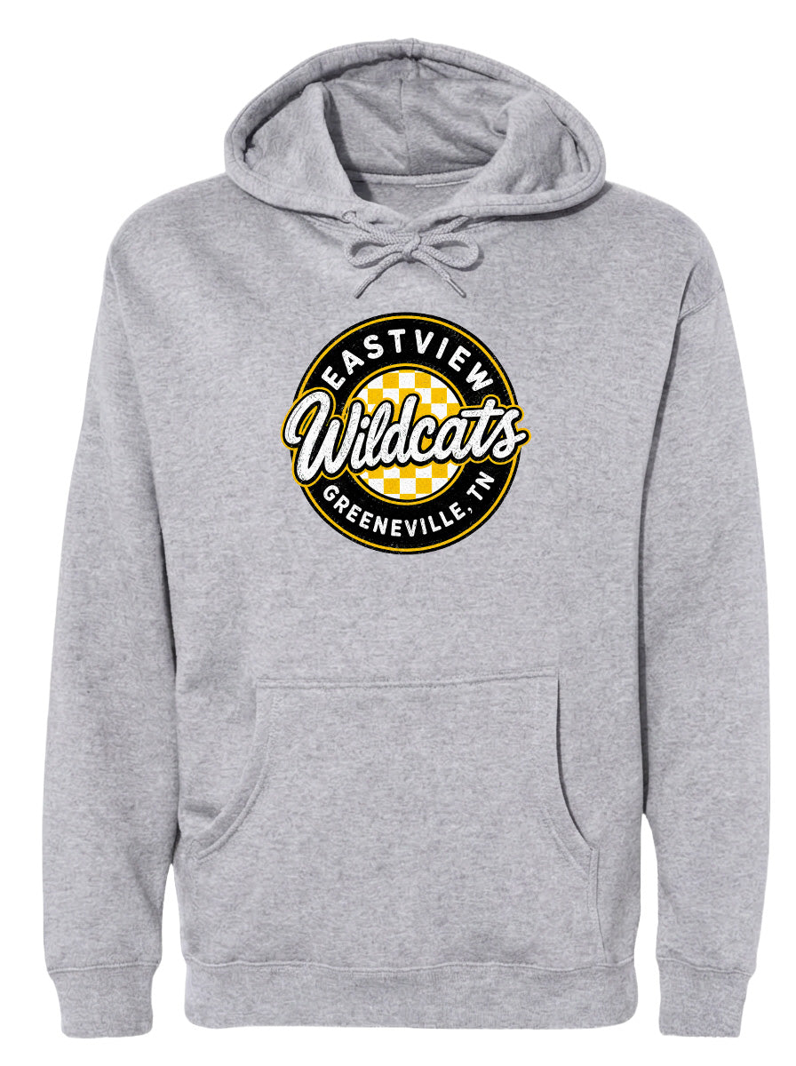 A gray hoodie with a logo that says "EASTVIEW Wildcats Greeneville, TN".