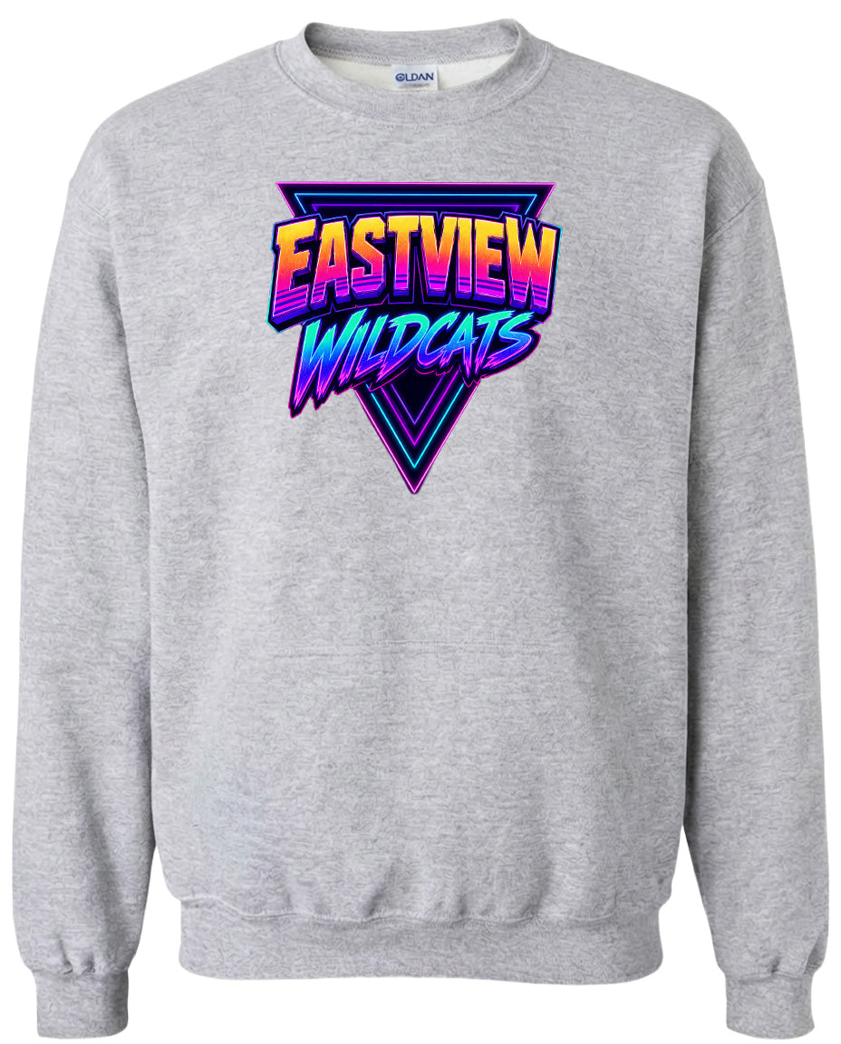 A gray sweatshirt with a graphic design featuring the text "EASTVIEW WILDCATS" in a retro, neon-style font.