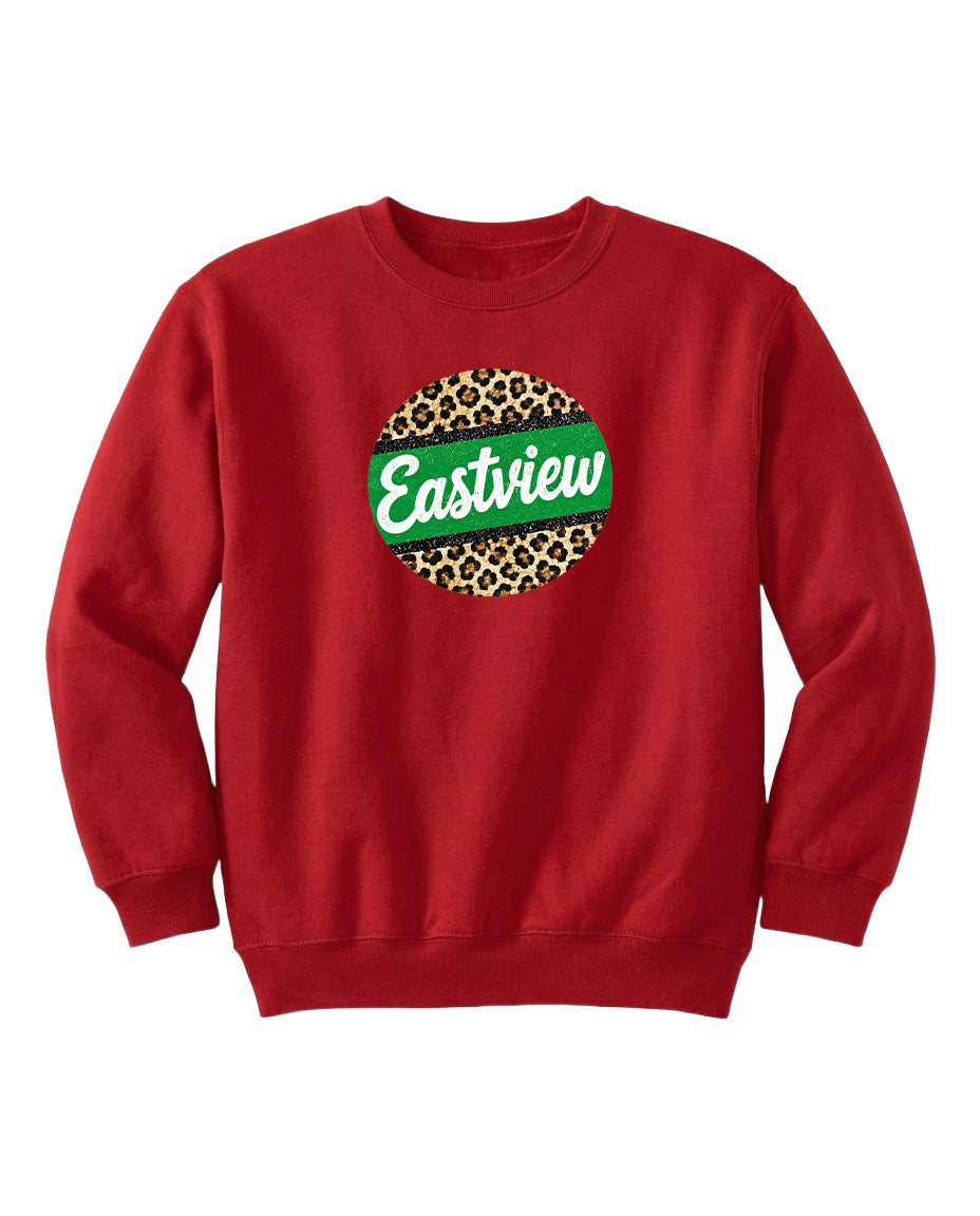 A red sweatshirt with a leopard print design and the word "Eastview" printed on it.