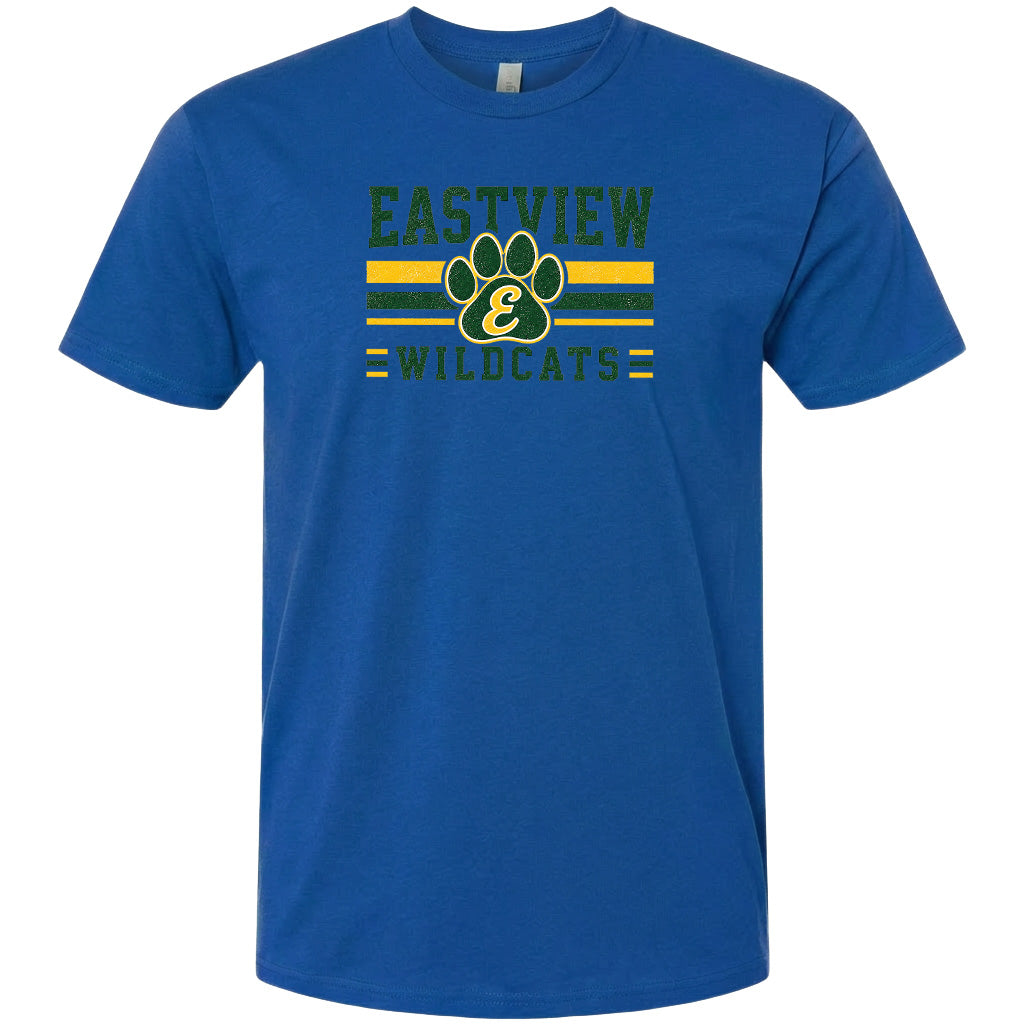A blue t-shirt with a graphic design featuring a paw print and the text "EASTVIEW WILDCATS".