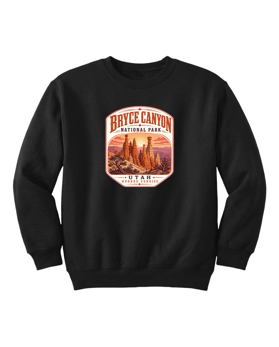 A black sweatshirt with a graphic design depicting Bryce Canyon National Park and Utah.