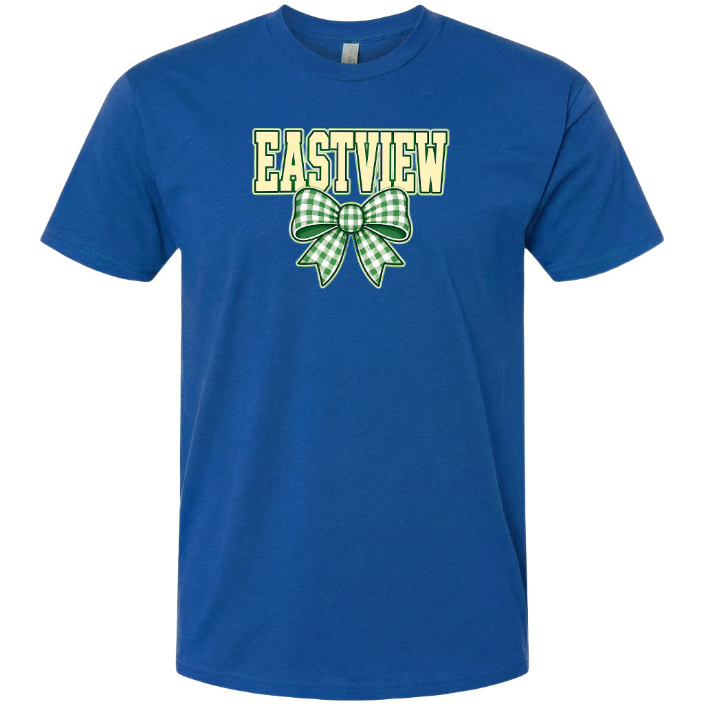 A blue t-shirt with a green and white bow and the word "EASTVIEW" printed on it.