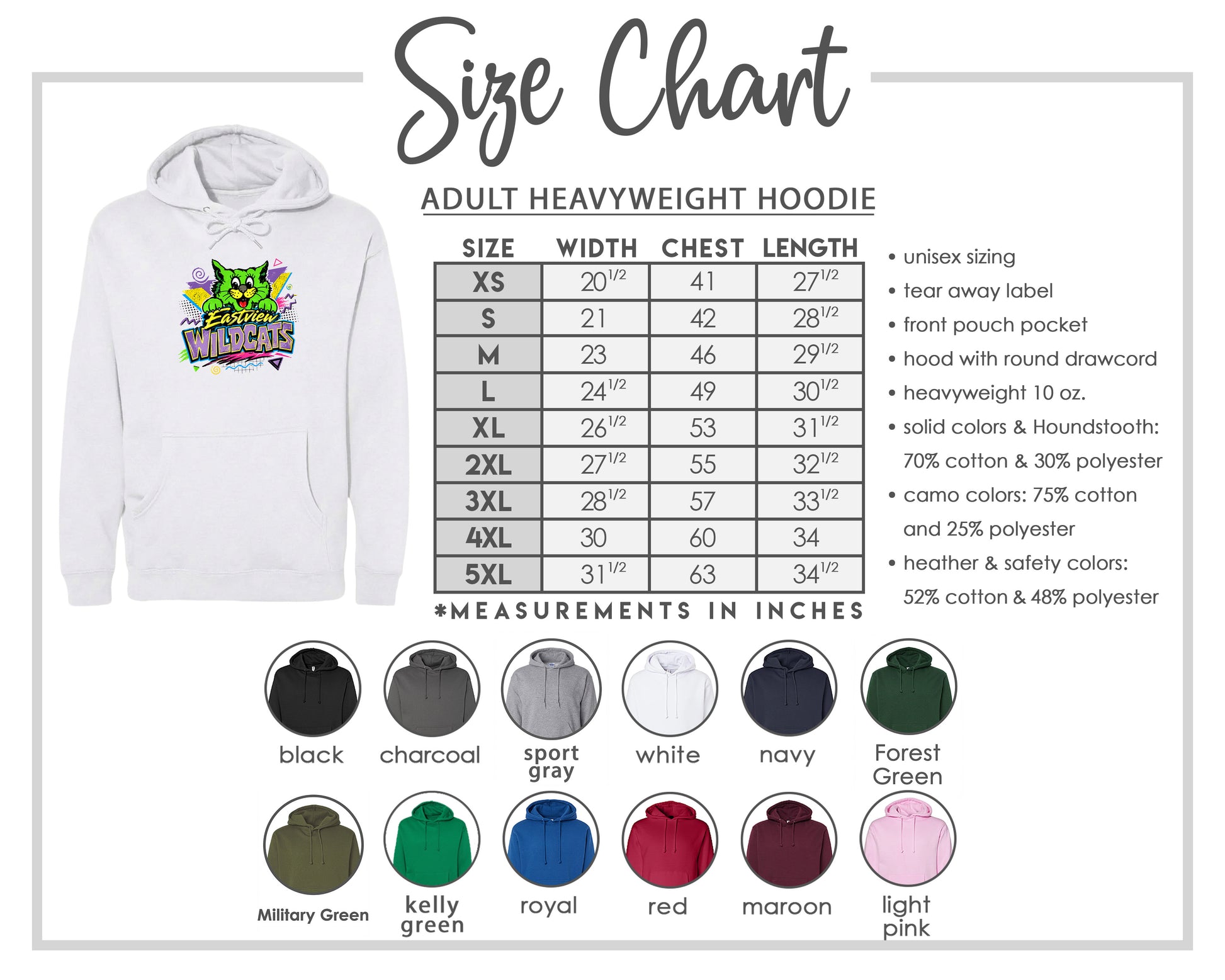 The image is a size chart for an adult heavyweight hoodie, including various color options and measurements in inches.