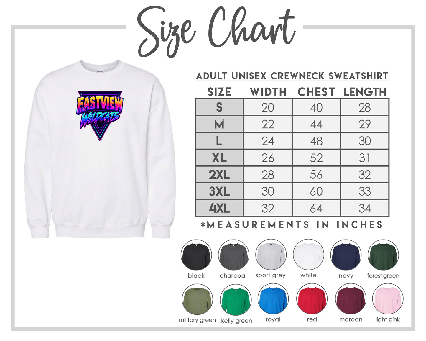 The image is a size chart for an adult unisex crewneck sweatshirt. It includes a white crewneck sweatshirt with a graphic design and a table with size measurements for different chest and waist sizes.