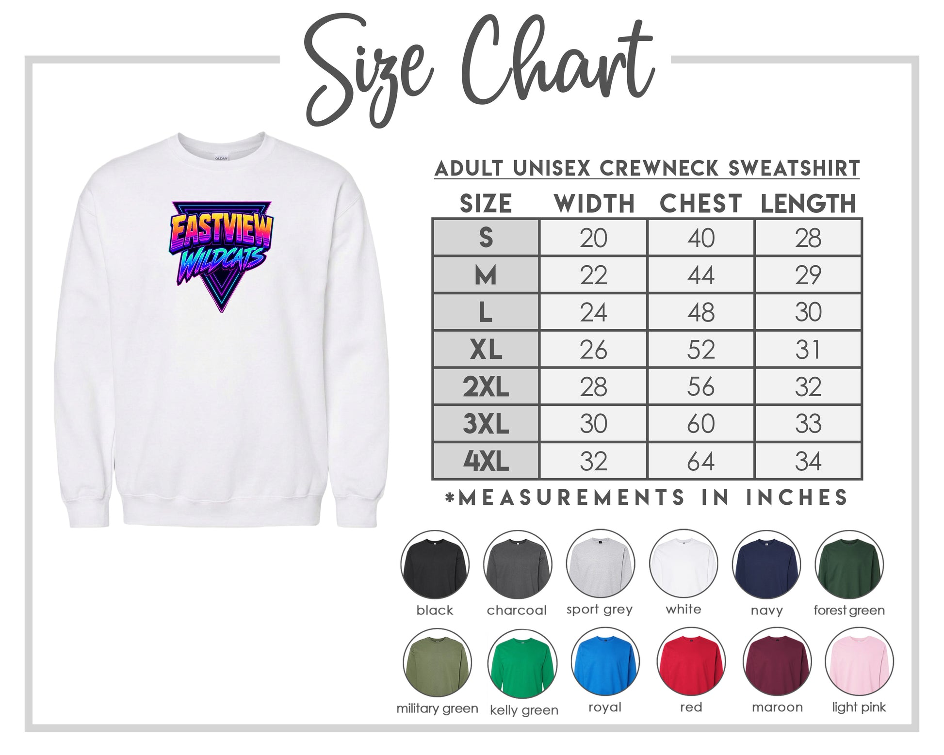 The image is a size chart for an adult unisex crewneck sweatshirt. It includes a white crewneck sweatshirt with a graphic design and a table with size measurements for different chest and waist sizes.