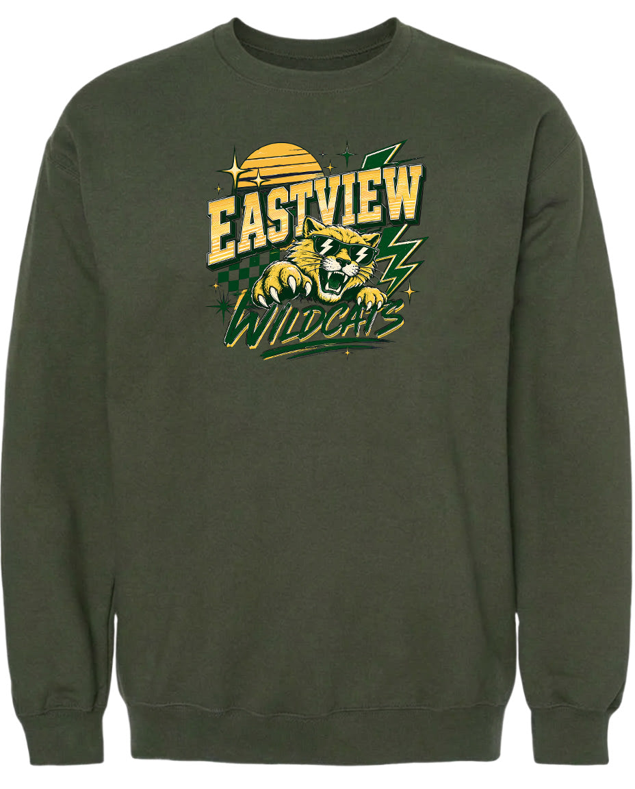 A dark green sweatshirt with a graphic design featuring a tiger and the text "EASTVIEW WILDCATS" printed on it.