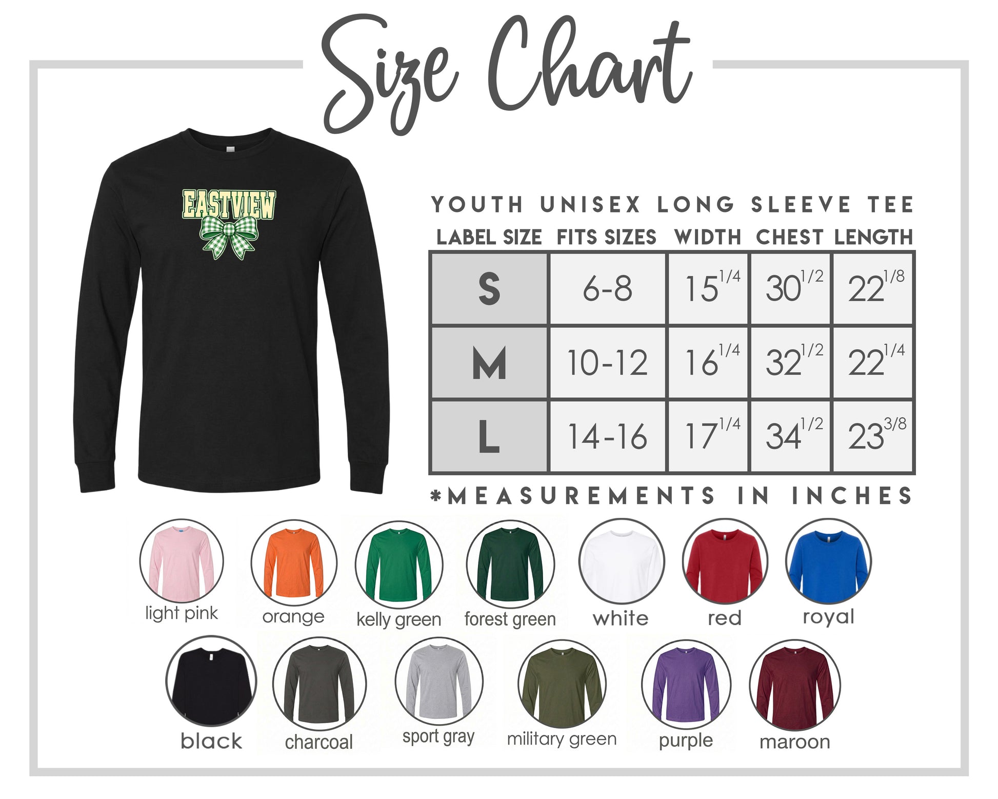The image is a size chart for a youth unisex long sleeve tee, including various color options and corresponding measurements in inches.