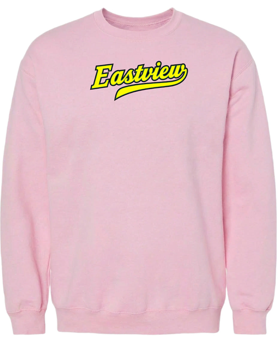 A pink sweatshirt with the word "Eastview" printed in yellow on the front.