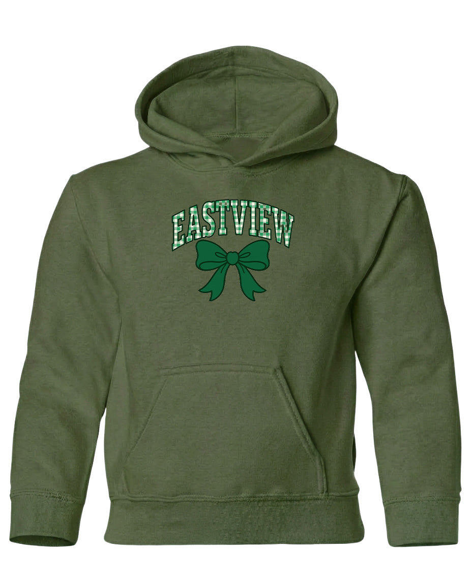 A green hoodie with a bow and the word "EASTVIEW" printed on it.