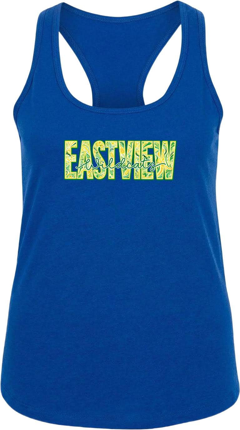 A blue tank top with the word "EASTVIEW" printed in yellow letters.