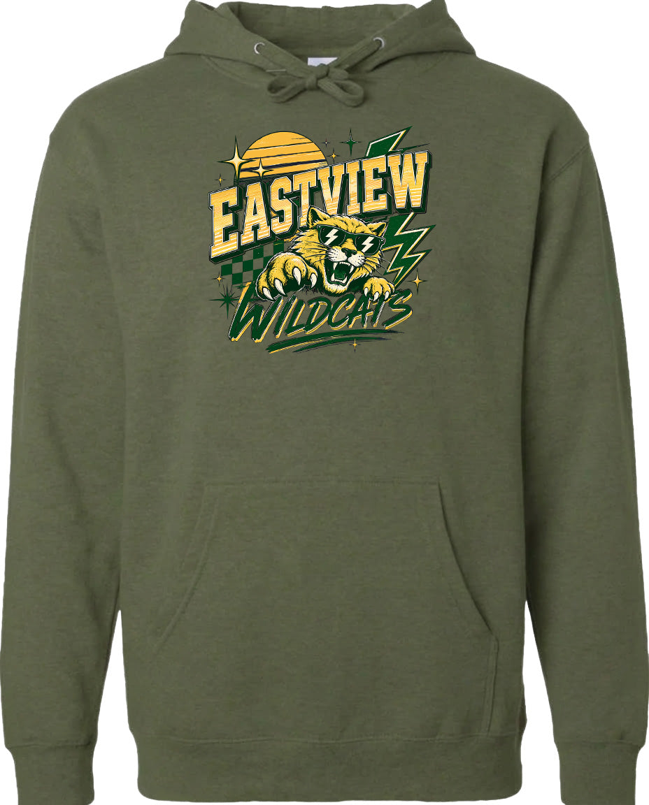 A green hoodie with a graphic design featuring a panther and the text "EASTVIEW WILDCATS" printed on it.