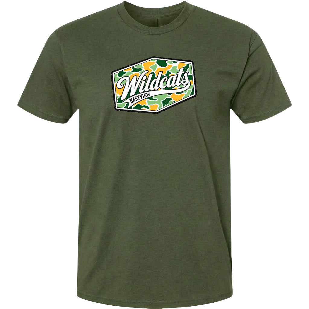 A green t-shirt with a graphic design featuring the word "Wildcats" in a stylized font.
