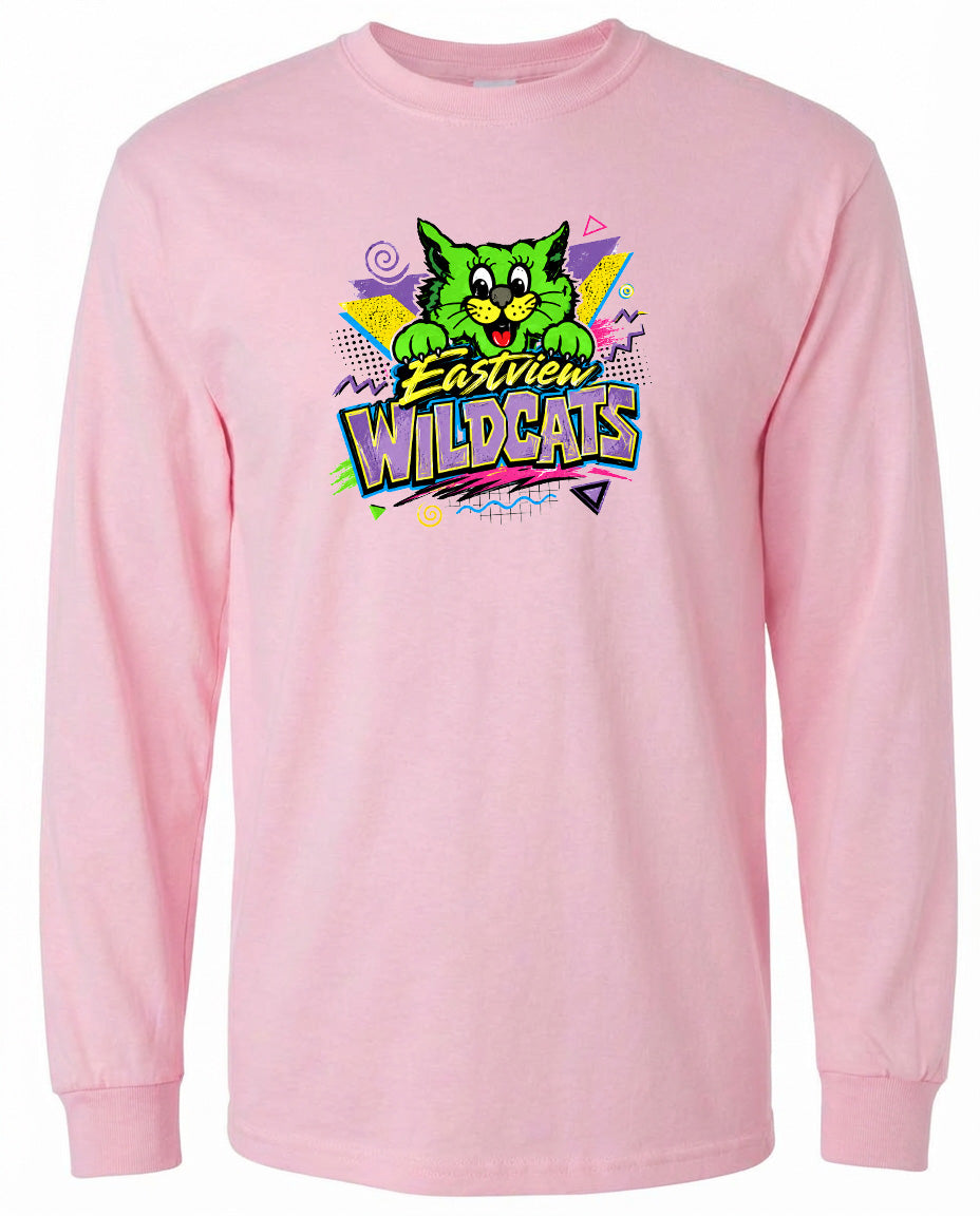 A pink long-sleeved t-shirt with a colorful graphic design featuring a cartoon cat and the text "Eastview Wildcats".