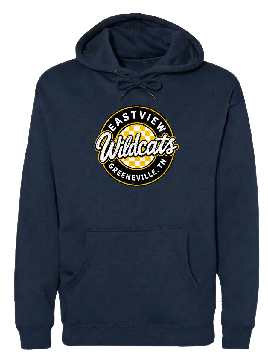 A navy blue hoodie with a logo that says "EASTVIEW Wildcats Greeneville IN".