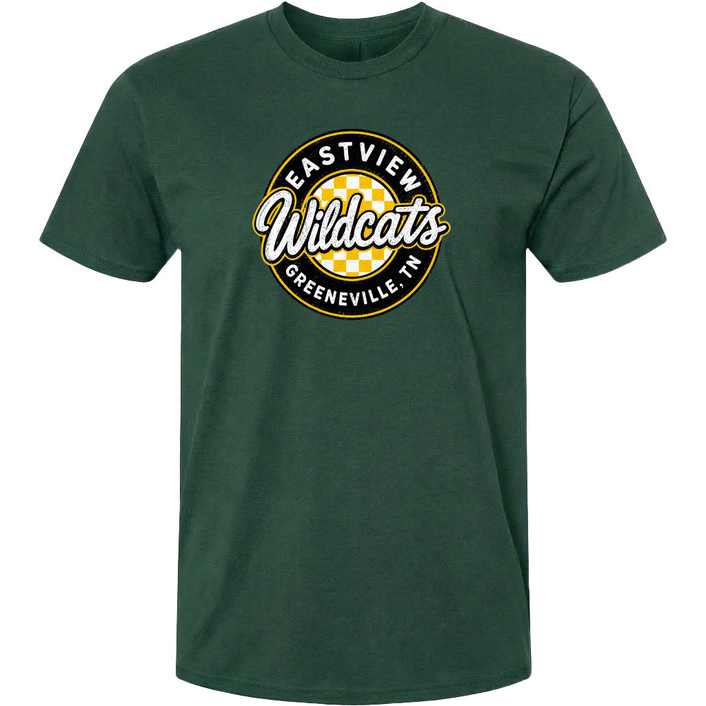 A green t-shirt with a circular logo that says "EASTVIEW Wildcats Greeneville, TN".
