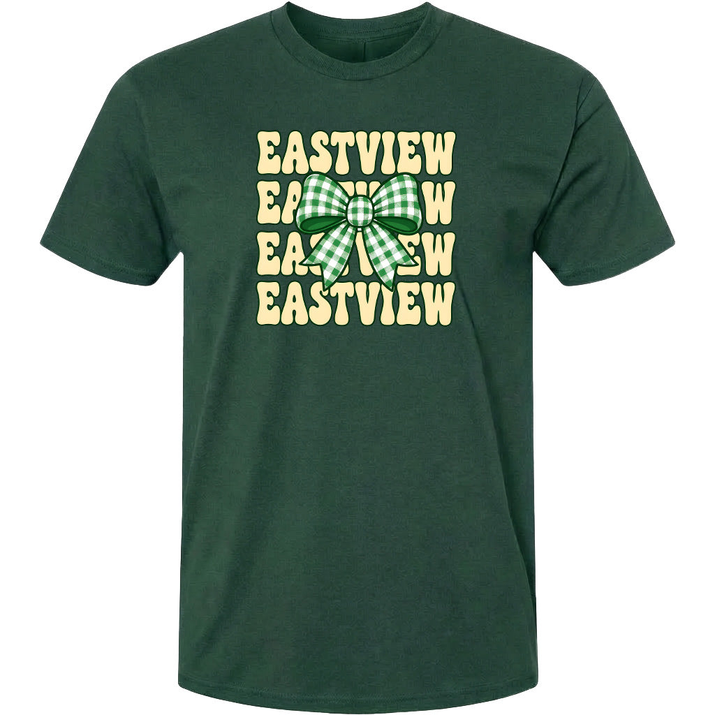 A green t-shirt with a graphic design featuring the word "EASTVIEW" repeated in a vertical pattern, with a green and white checkered bow in the center.