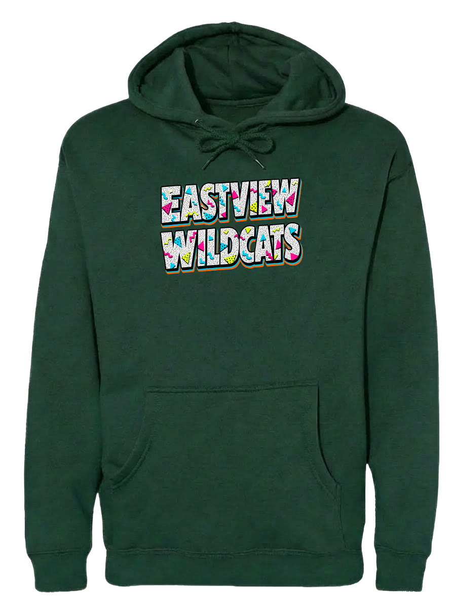 A dark green hoodie with the text "EASTVIEW WILDCATS" printed on it.