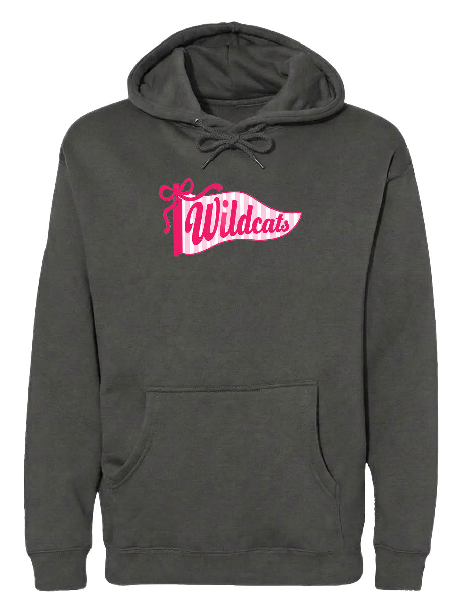 A gray hoodie with a pink and white banner that says "Wildcats" on it.