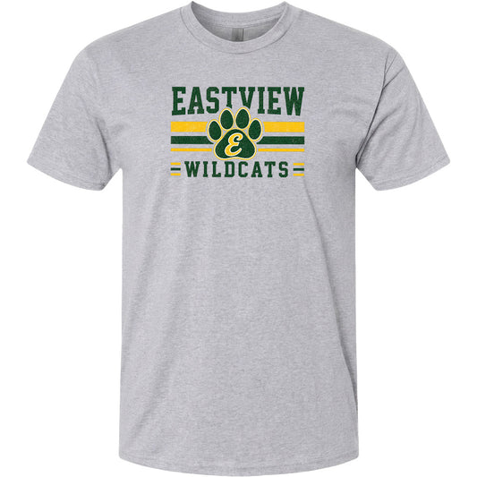 A gray t-shirt with a graphic design featuring the text "EASTVIEW WILDCATS" and a paw print symbol.