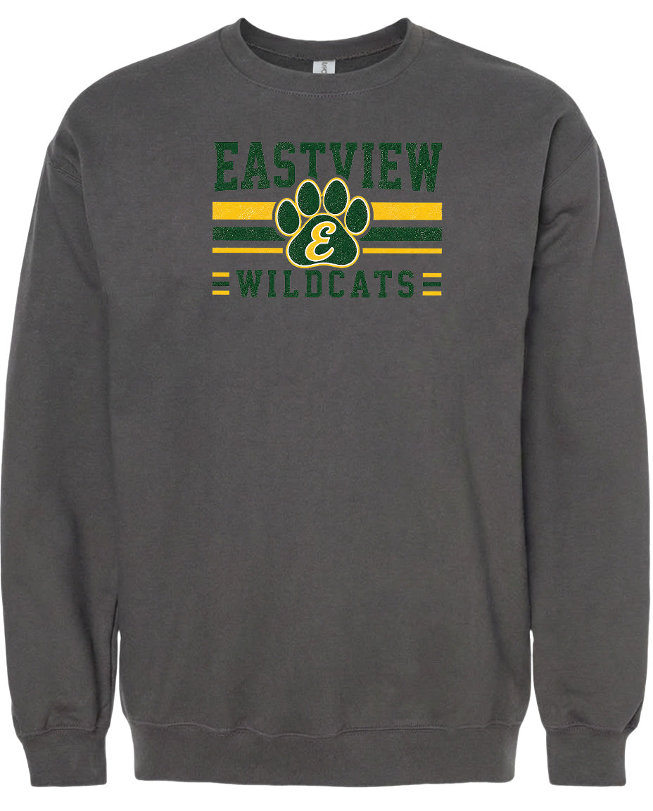 A gray sweatshirt with a graphic design featuring a paw print and the text "EASTVIEW WILDCATS" printed on it.