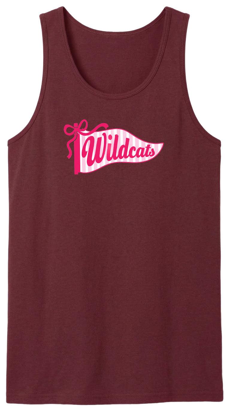 A burgundy tank top with a pink banner that says "Wildcats" on it.