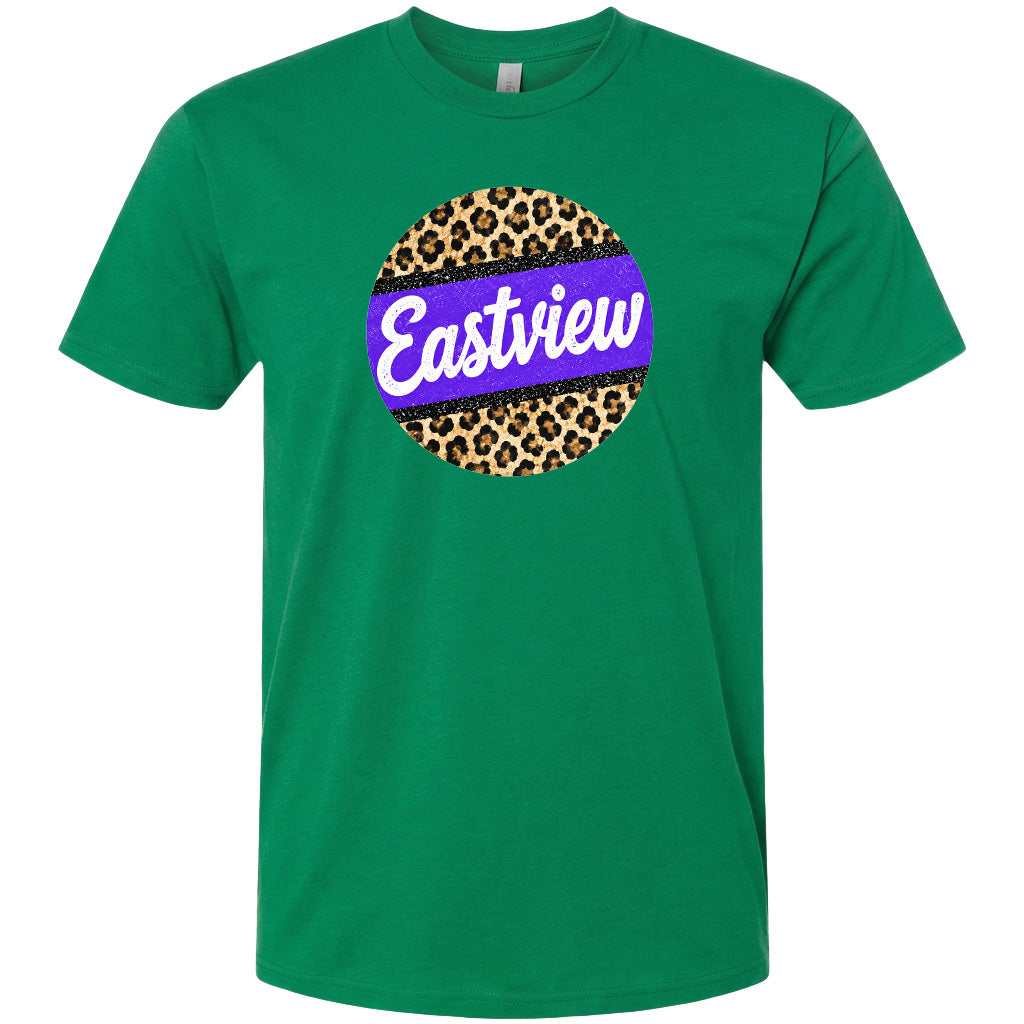 A green t-shirt with a circular graphic design featuring a leopard print pattern and the word "Eastview" written in purple text.