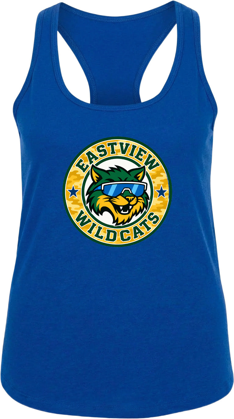 A blue tank top with a graphic design featuring a cat wearing sunglasses and the text "EASTVIEW WILDCATS".