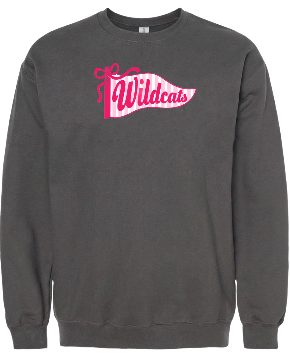 A gray sweatshirt with a pink and white banner design that says "Wildcats".