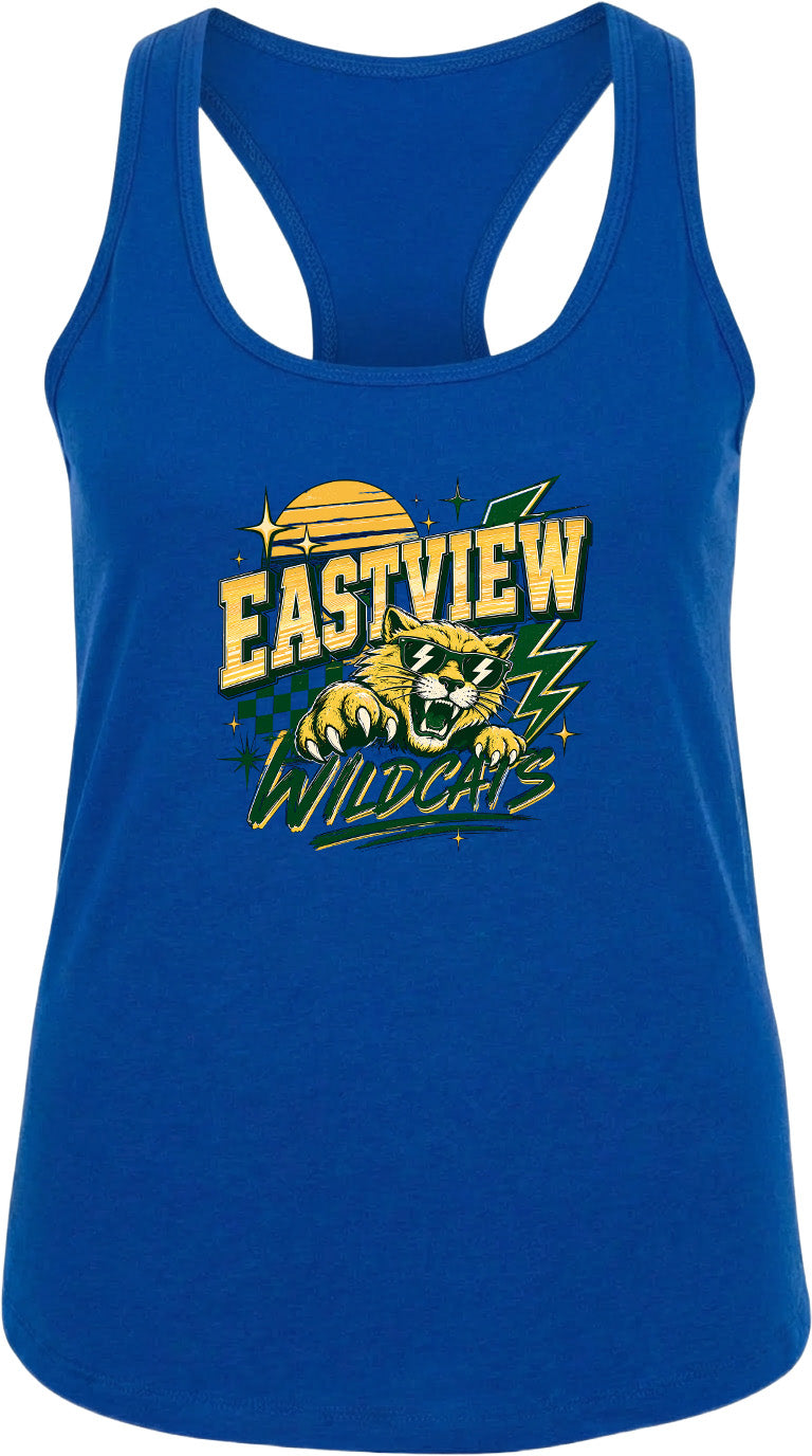 A blue tank top with a graphic design featuring a cat and the text "EASTVIEW WILDCATS".