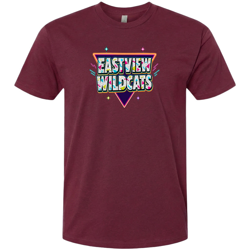 A burgundy-colored t-shirt with a graphic design featuring the text "EASTVIEW WILDCATS" in a colorful, retro-style font.