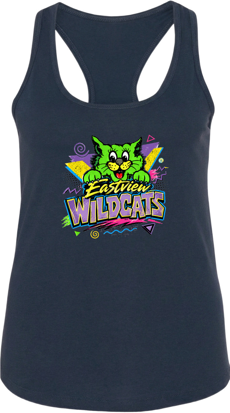 A black tank top with a colorful graphic design featuring a cartoon cat and the text "Eastview Wildcats".