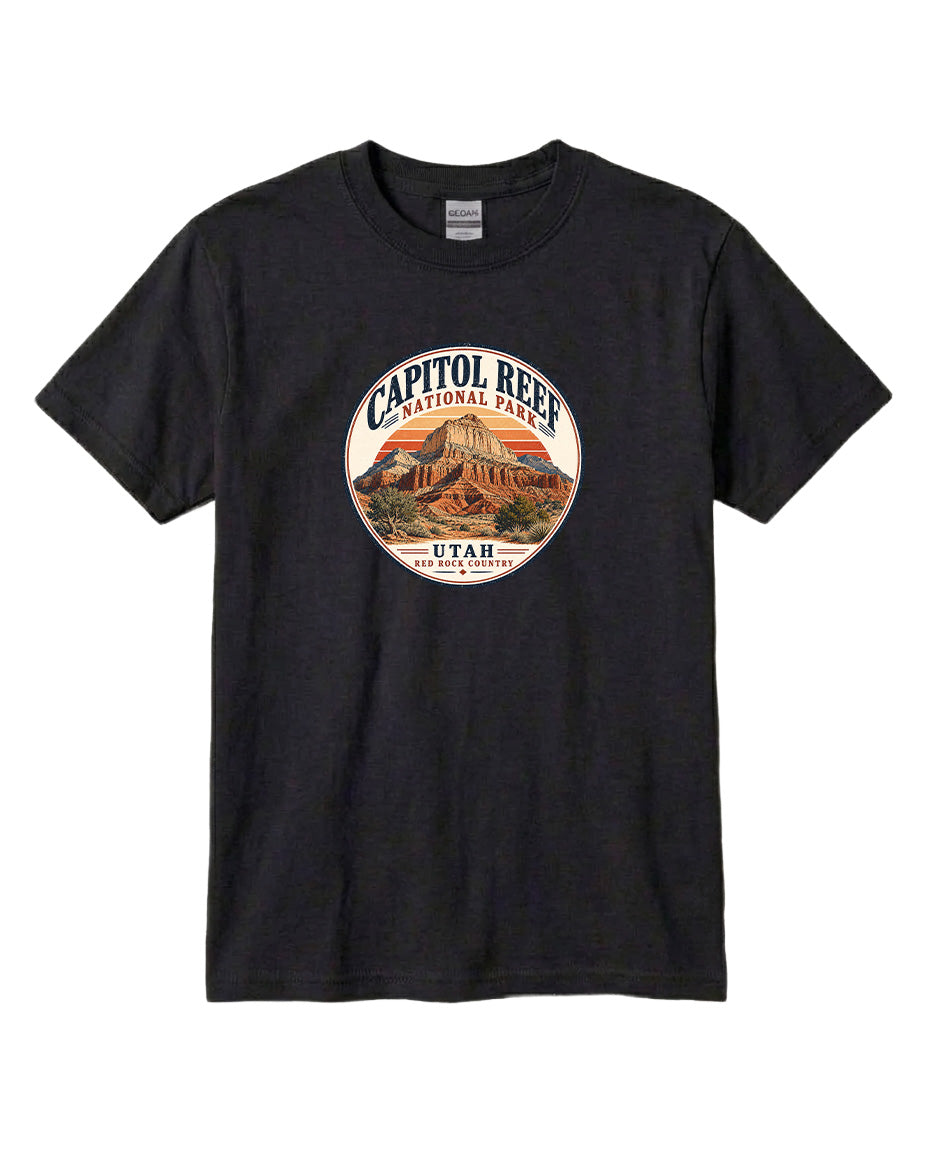 A black t-shirt with a circular graphic design featuring the Capitol Reef National Park in Utah.