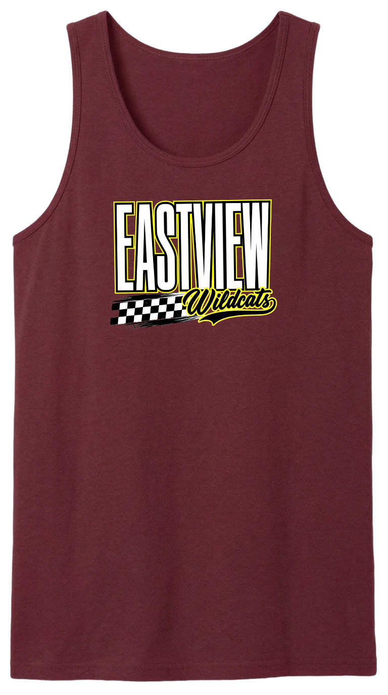 A maroon tank top with a graphic design featuring the text "EASTVIEW Wildcats" in a bold, yellow font.