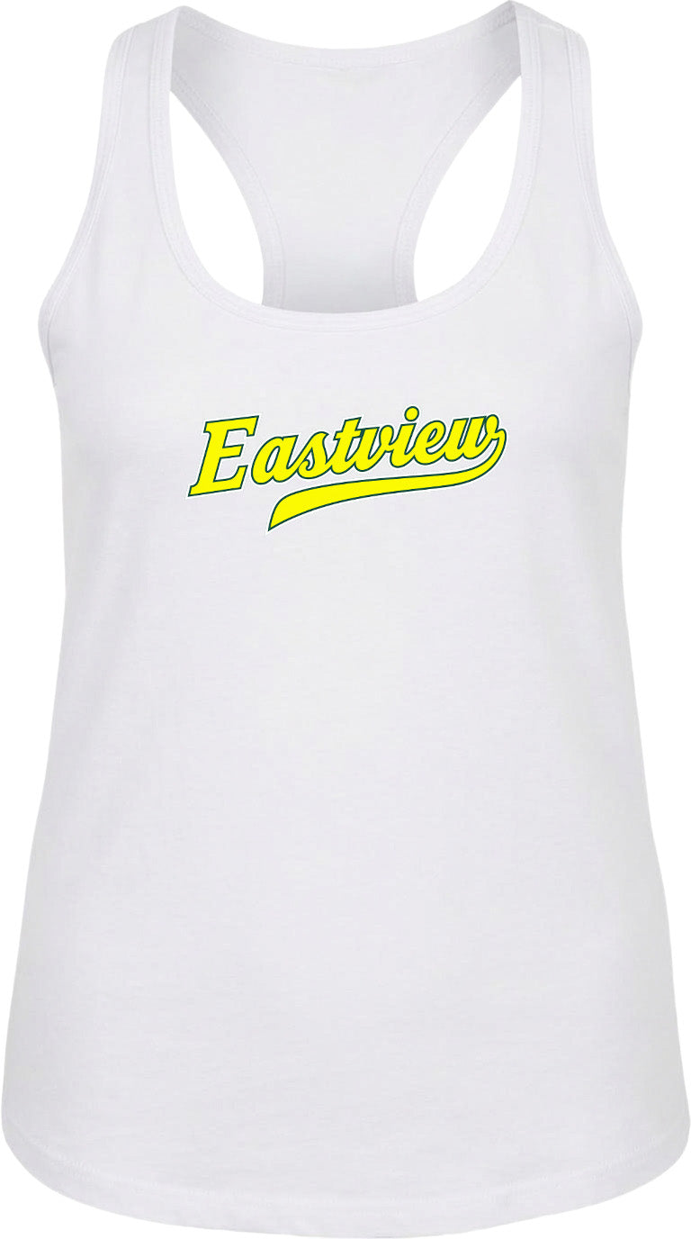 A white tank top with the text "Eastview" printed in yellow on the front.