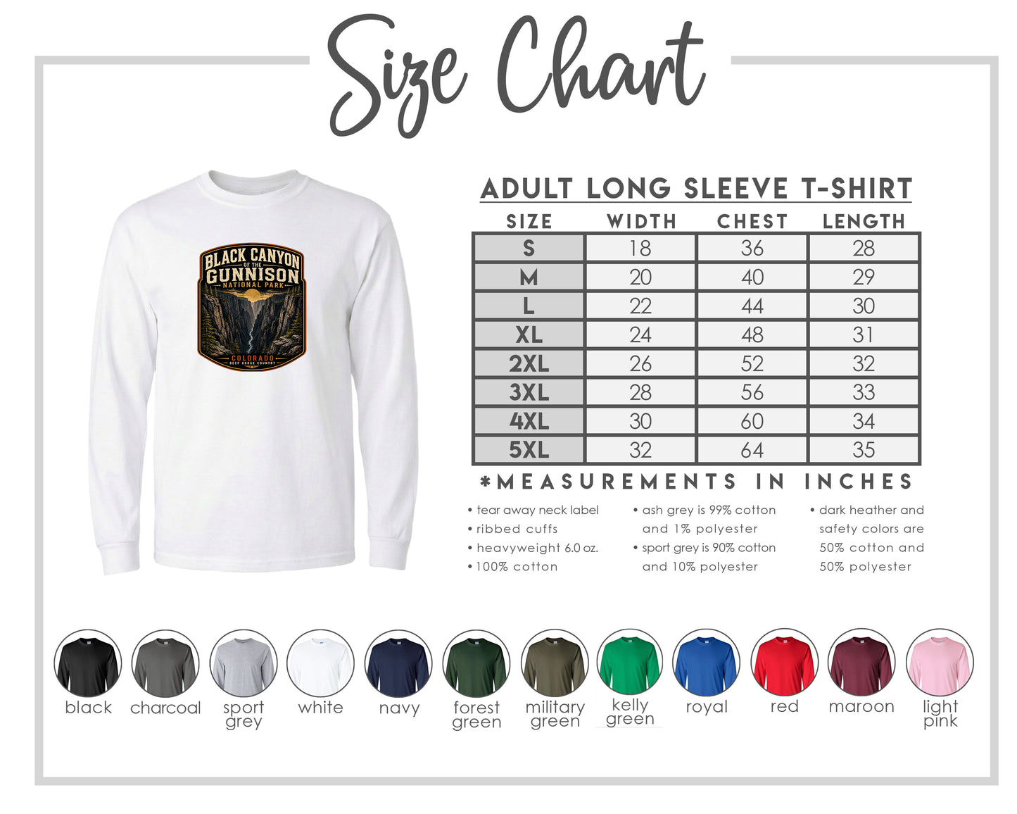 The image is a size chart for an adult long sleeve t-shirt, providing measurements and corresponding shirt colors.