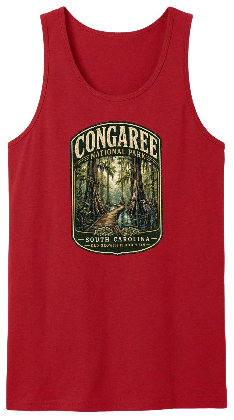 A red tank top with a graphic design depicting a forest scene with a path leading through it, surrounded by trees and foliage.