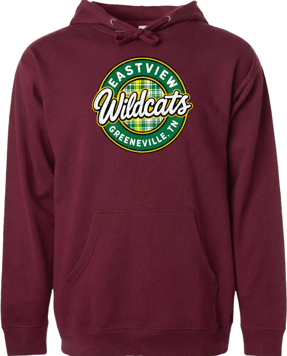 A burgundy-colored hoodie with a circular logo on the front. The logo features the text "Eastview Wildcats" and "Greeneville, TN" in a stylized font.