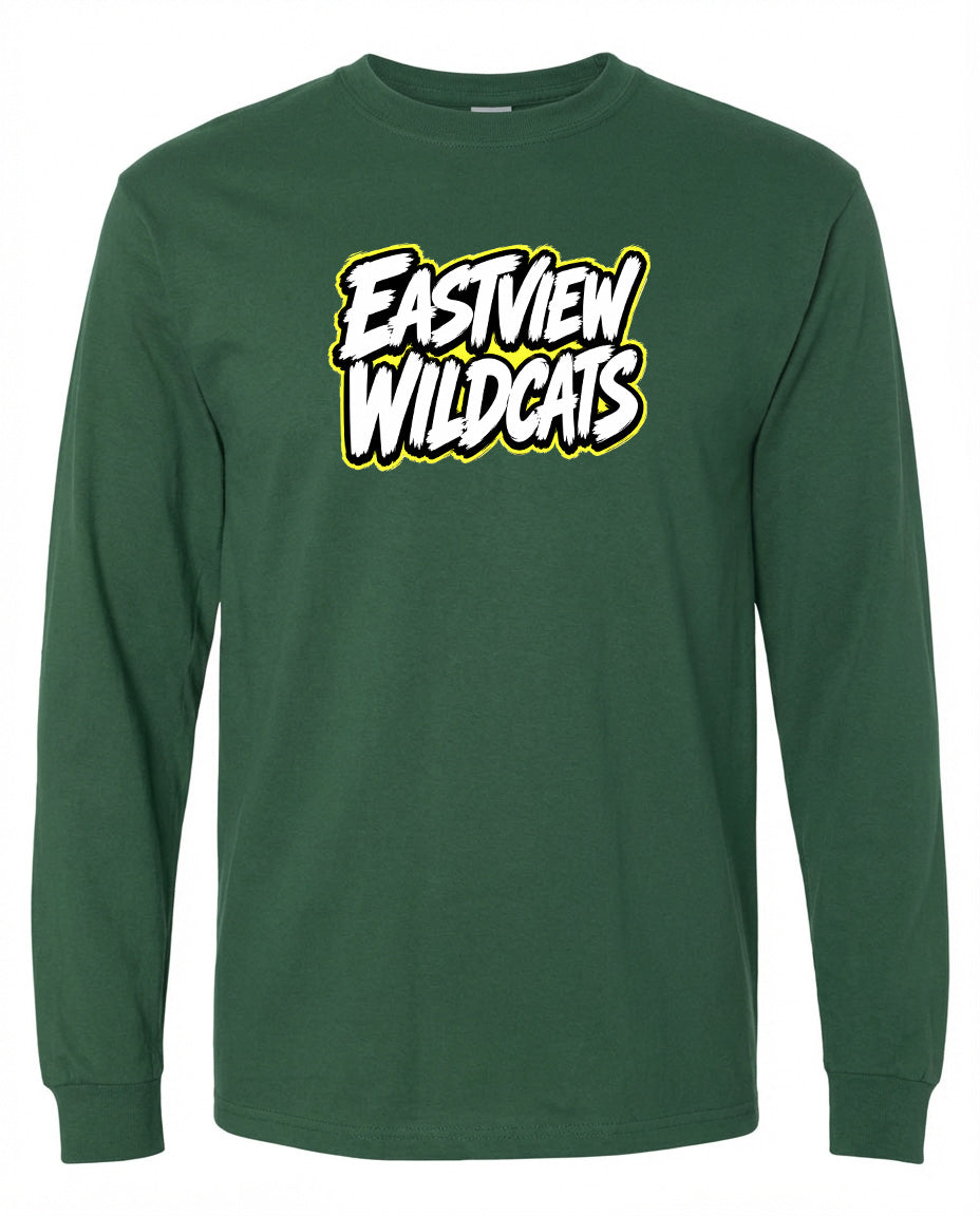 A green long-sleeved shirt with a bold white and yellow logo that says "Eastview Wildcats".