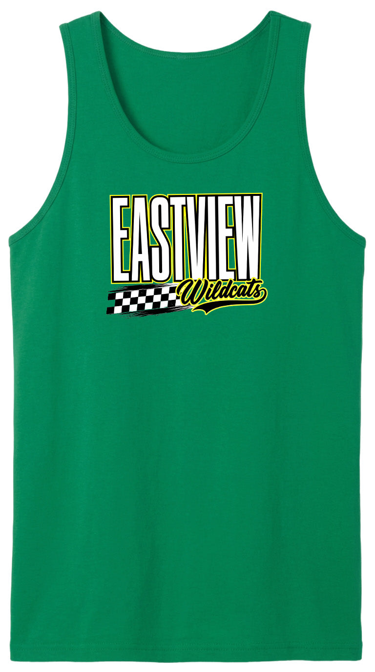 A green tank top with a graphic design featuring the text "EASTVIEW Wildcats" and a checkered flag pattern.