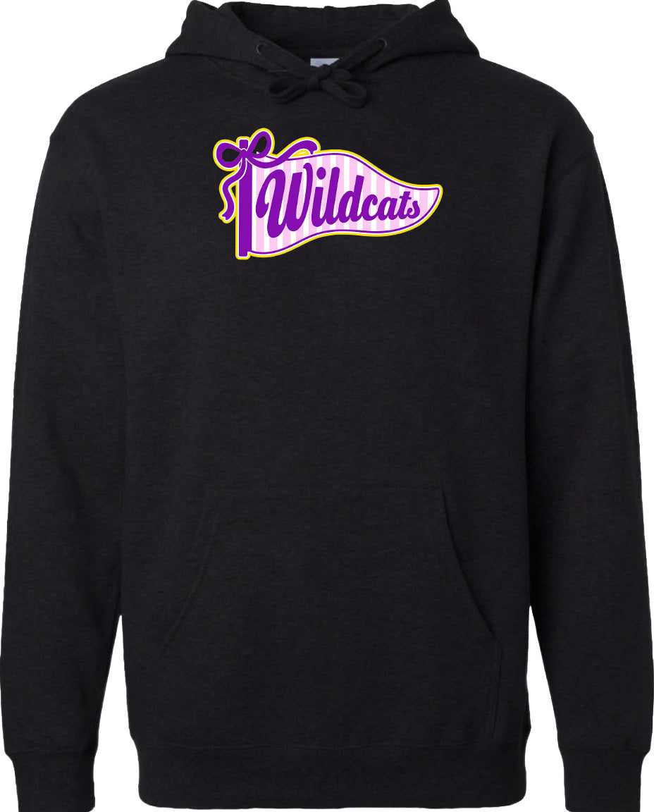 A black hoodie with a purple and yellow graphic design on the front, featuring the word "Wildcats" in a stylized font.